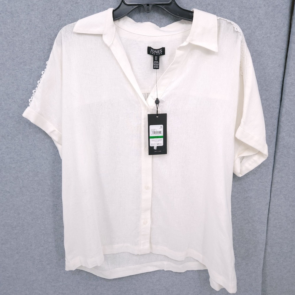 Jones New York Button Up Collared V Neck Short Sleeve White Shirt Womens L NWT